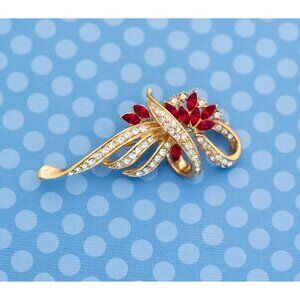 Vintage Art Nouveau Red Stones Intricate Gold Tone Brooch - M21